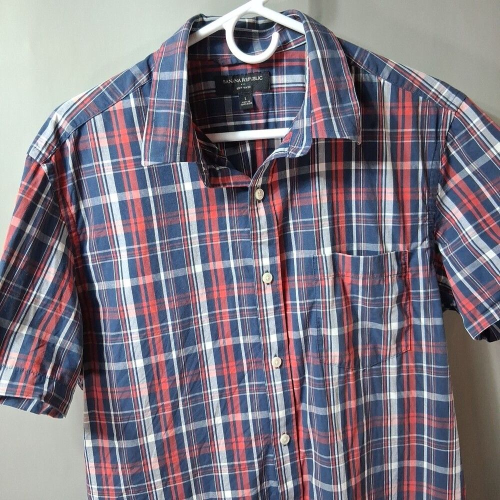 Banana Republic Soft Wash Shirt Mens L SS Plaid Red Wht Blue Cotton Patriotic